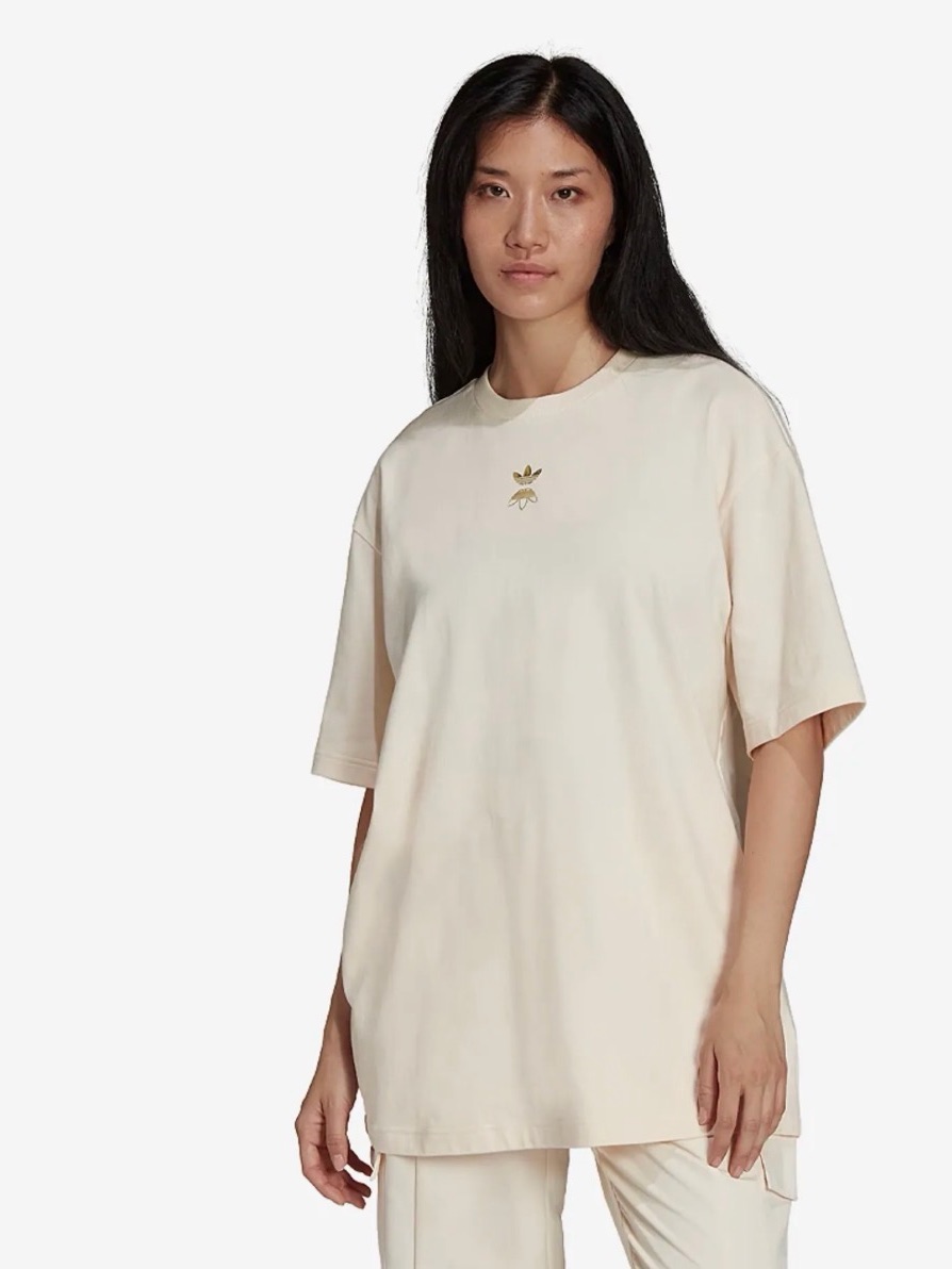 Adidas Originals Women’s Sz L- Ss T-Shirt Ivory & Gold Back Zipper Baggy- Euc